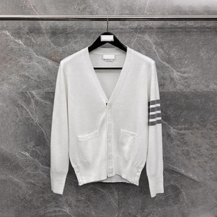 Cardigan Sweater, Loose Knitwear, V-Neck, Four Stripes, Casual Jacket, Unisex, High Elasticity, Comfortable, Striped Design
