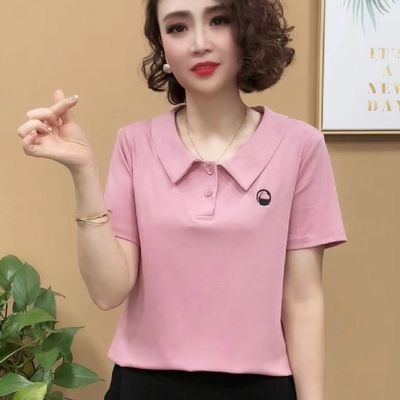 Cross border Short sleeved T-shirt summer middle age mom leisure time Versatile Lapel jacket Large Easy POLO T-shirt