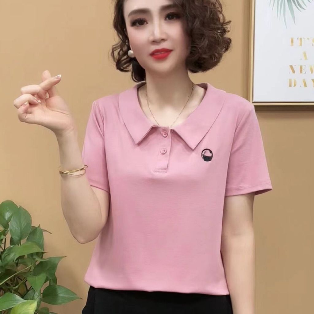 Cross border Short sleeved T-shirt summer middle age mom leisure time Versatile Lapel jacket Large Easy POLO T-shirt
