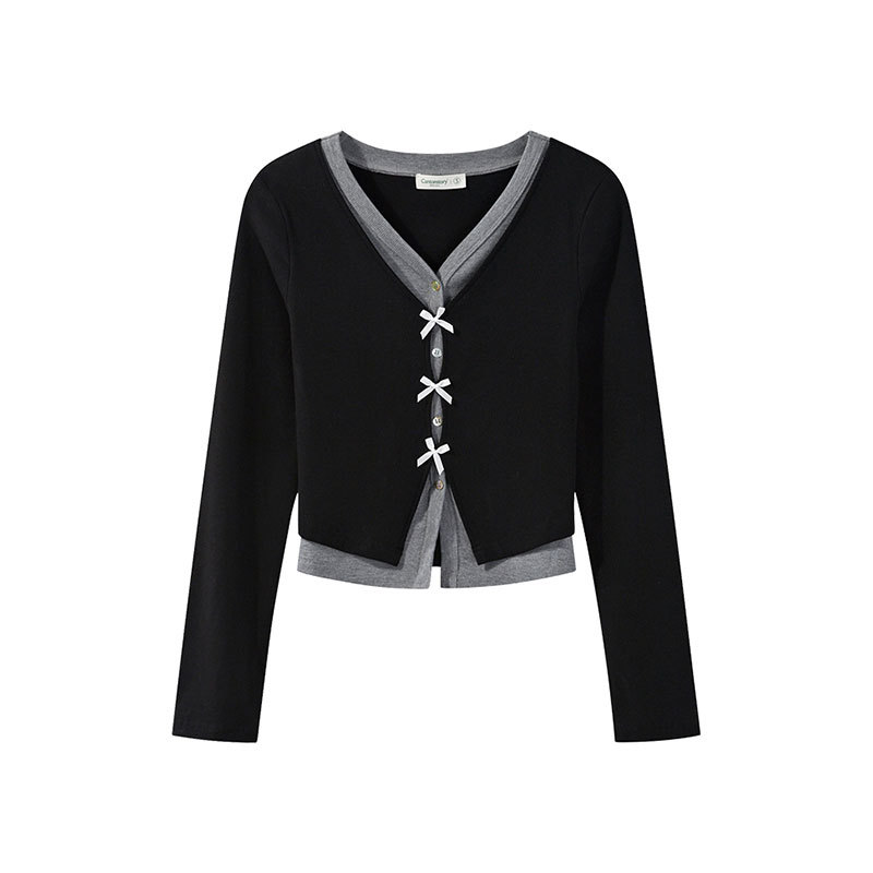 [Original Fabric Feel Positive] Early Autumn Slim Fit Slim Fake Two Contrast Color V Neck Long Sleeve Pullover Top Women