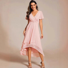 亚马逊跨境新款优雅时尚连衣裙纯色v领A字女裙雪纺荷叶袖气质长裙