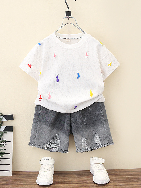 7378 Traje de verano para niños Camiseta de manga corta de dibujos animados para niños coreanos Pantalones vaqueros para bebés Pantalones cortos de verano Ropa delgada 3