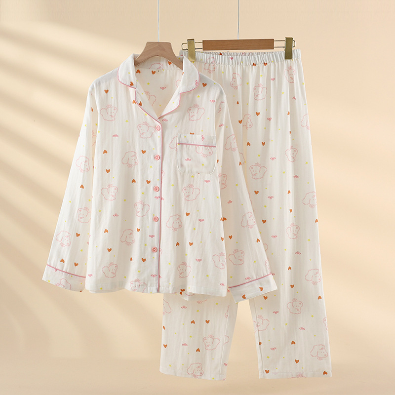 New Cotton Double-layer Yarn Pajamas Women's Cute Teddy Spring and Autumn Summer Thin Cotton Long-sleeved Home Clothes suit