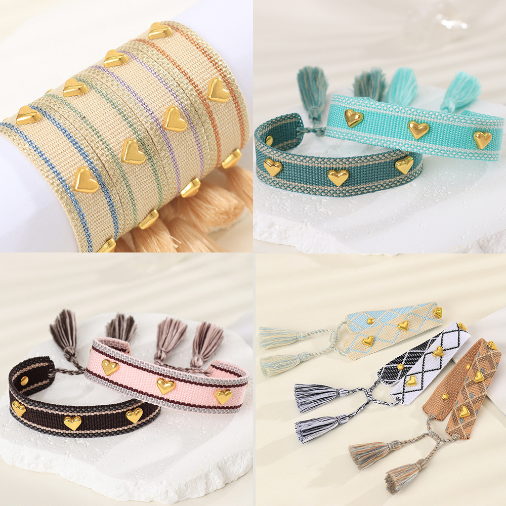 8g Weight Drawstring Bracelets Classification 1 Piece Quantity Holiday, Daily Occasion Polyester, Metal Material Heart Shape Pattern Women's Gender Embroidery, Tassel Design Simple Style Style Simple Style Heart Shape Polyester Metal Embroidery Tassel Women's Drawstring Bracelets 4