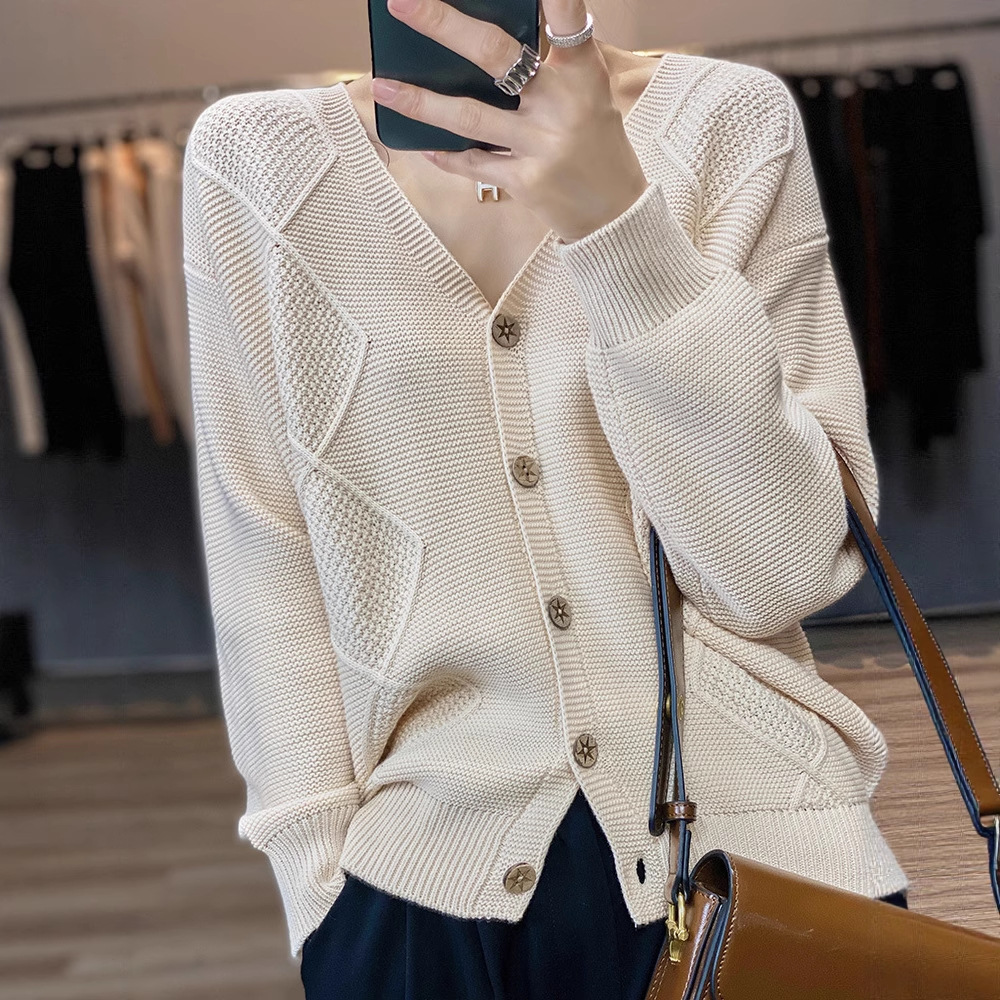 100% Pure Cotton Seven-Stitch Thick Cardigan for Women, V-Neck Loose Short Knit Sweater, Spring and Autumn Long-Sleeve Elegant Sweater