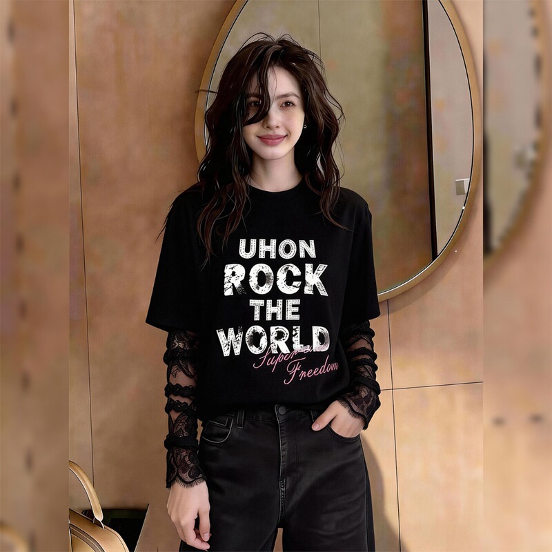 【40-Count Cool Silk Cotton Ribbed 1*1】Large Size Fake Two-Piece Printed Loose Long-Sleeve T-Shirt for Women 2026 New Model 【40-Count Cool Silk Cotton Ribbed 1*1】Large Size Fake Two-Piece Printed Loose Long-Sleeve T-Shirt for Women 2026 New Model