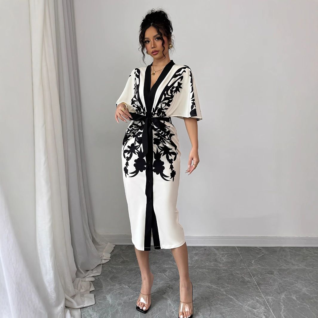 2025欧美跨境外贸女士休闲优雅短袖印花撞色连衣裙