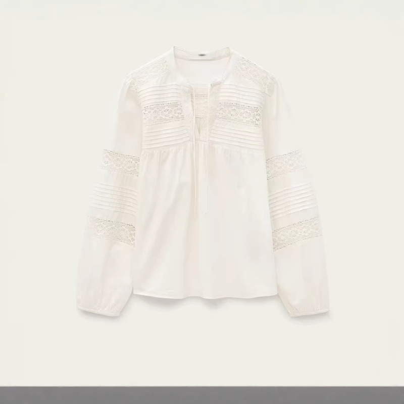 Cabinet 1940+! 2026 Spring New Bohemian Style Off-White Lace Patchwork Shirt Cotton Top for Women Cabinet 1940+! 2026 Spring New Bohemian Style Off-White Lace Patchwork Shirt Cotton Top for Women