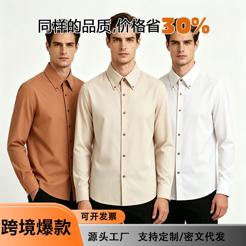 Cross-Border Foreign Trade Light Luxury Youth Soft Stretchy Shirt Men's Long-Sleeved Spring and Autumn Slim Fit Business Casual Men's Shirt