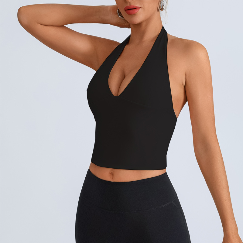 Chaleco deportivo transfronterizo europeo y americano, ropa de yoga, cuello halter femenino, cuello en V, running, fitness, espalda hermosa, top de entrenamiento de secado rápido