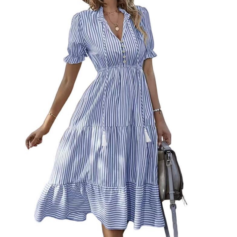 European and American Clothing Dress Cross-Border Amazon Popular Stripesd Dress V-Neck Elastic Waist Short-Sleeved Jumpsuit with Large Hem