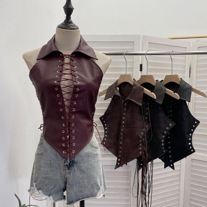Real shot: Sexy hot girl's hollow-out, strapless, irregular collar PU leather tight-fitting short sleeveless top 8203 Real shot: Sexy hot girl's hollow-out, strapless, irregular collar PU leather tight-fitting short sleeveless top 8203