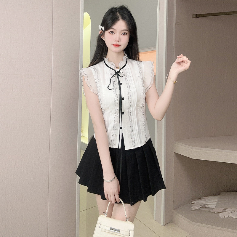 New Style Age-Reducing Lace-Up Sleeveless Lace-Pleated Shirt, Versatile, Fashionable, High-End, Casual and Sweet