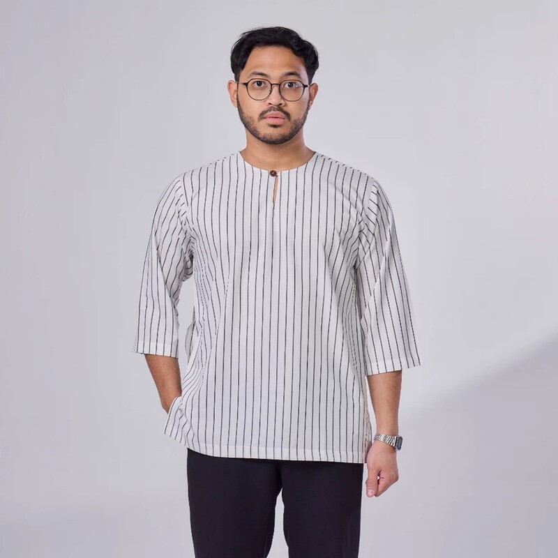 Cross-Border In-Stock Men's Striped Kurta Casual Top with Mid-Sleeves, Breathable Linen Style, Southeast Asian Style T-Shirt