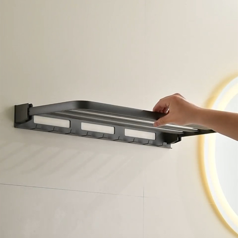 Estante de baño sin perforación de aluminio, plegable con ganchos