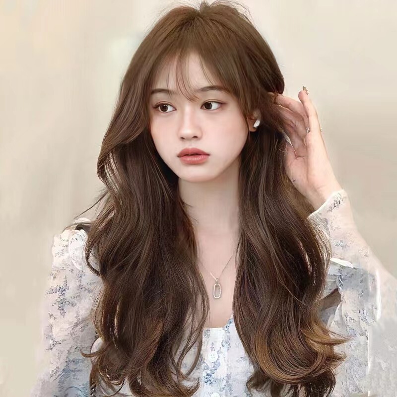 Wig Female Long Curly Hair Air Bangs Fashion Big Wave Fluffy Artificial Human Hair Popular Live Broadcast Decoration