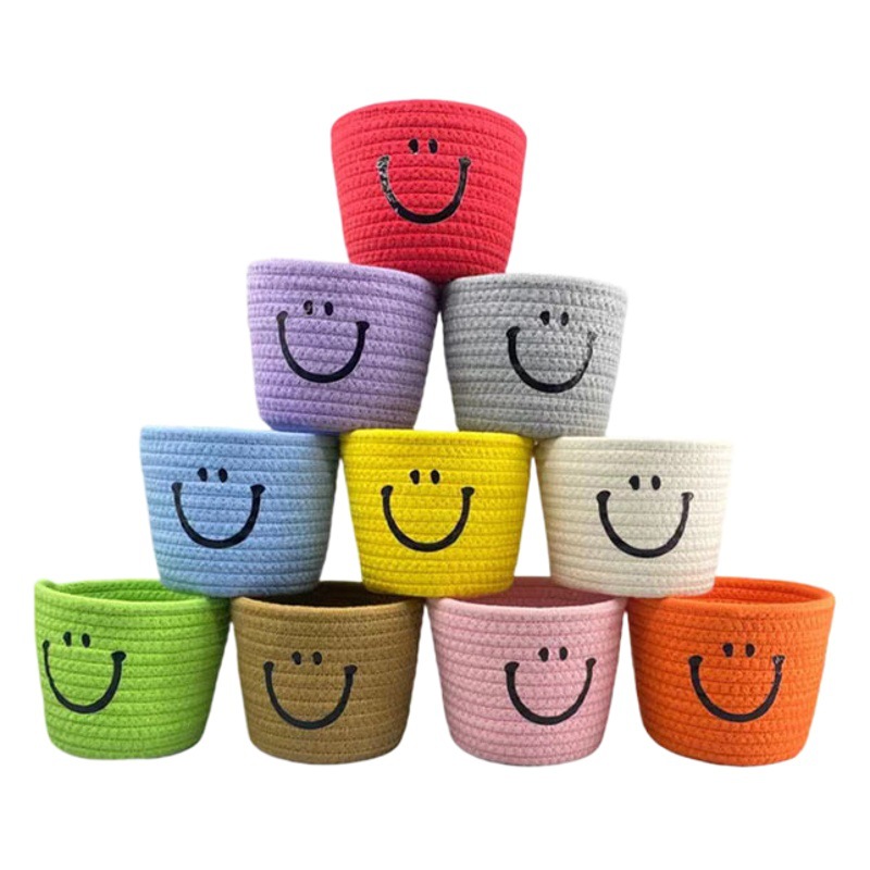 Cara sonriente tejida cesta de almacenamiento simple caja de almacenamiento de artículos diversos de escritorio caja de almacenamiento de control remoto cesta de almacenamiento de cosméticos cesta de organización