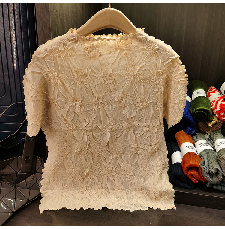 Áo thun nữ tay ngắn cổ tròn chất liệu cotton dập nổi hoa văn nổi cao cấp — Màu đen, Màu đào, Màu trắng, Màu xám chi tiết 11