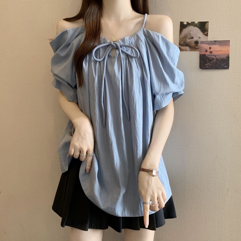 Plus-Size Drawstring Strap Off-Shoulder Maternity Shirt for Women, New Summer Style, Loose Fit, Slimming, Fashionable, Versatile Top
