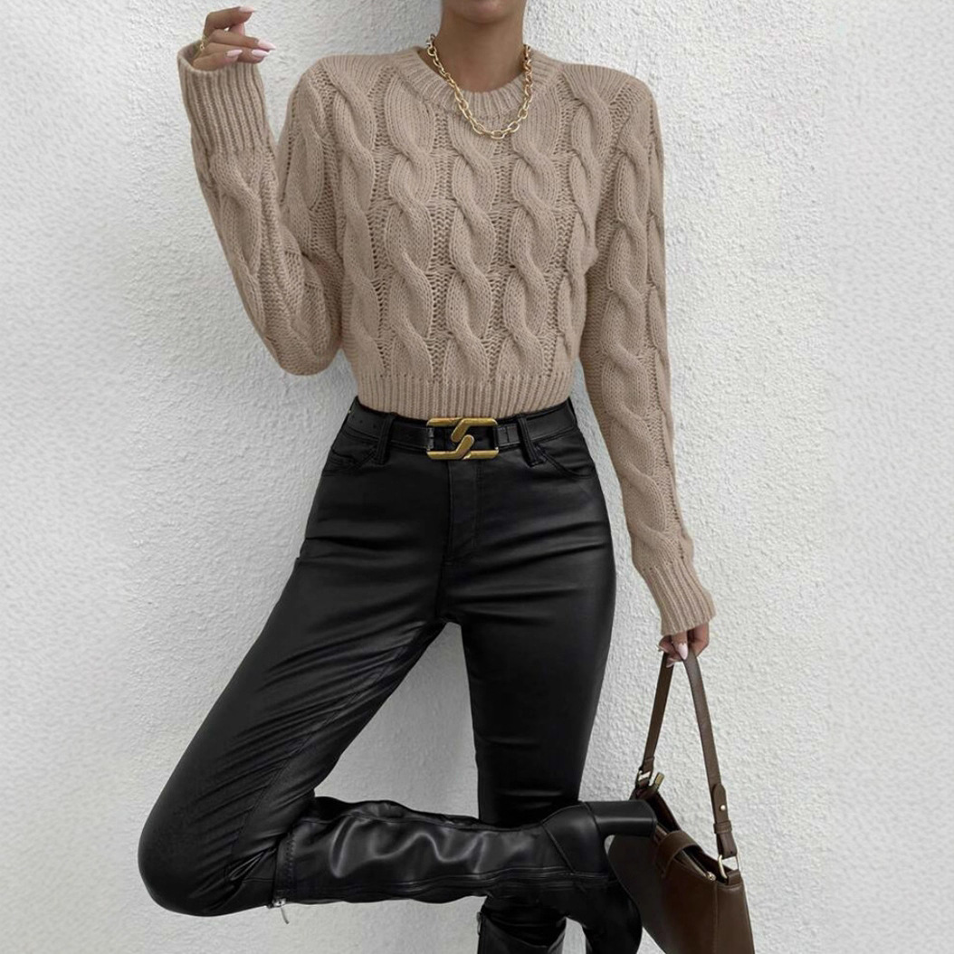 Streetwear Knit Sweater Women’s Oversized Cable Pullover – Winter Trendy Drop-Shoulder Jumper In Black/White/Taupe (S-XL)_voghion.com