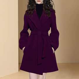 秋冬欧美气质紫红时尚毛呢外套女2022年新款长袖系带大衣