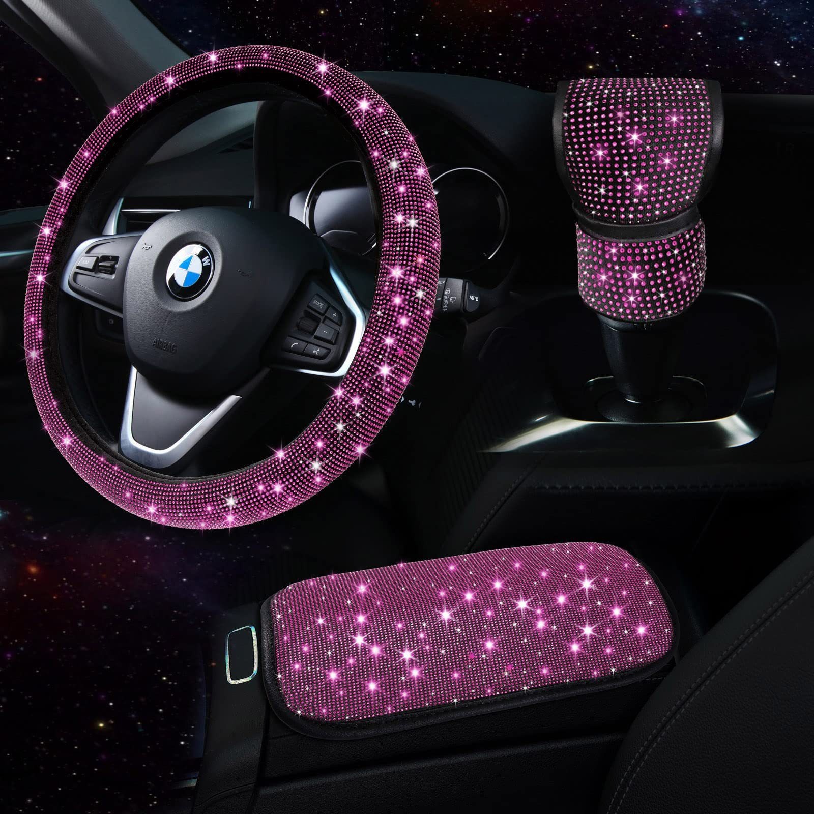 Car Steering Wheel Cover with Hot Diamonds, Full Diamonds, Rhinestone Armrest Box Pad, Gear Handle Cover, Cross-Border Popular Three-Piece Set Wholesale