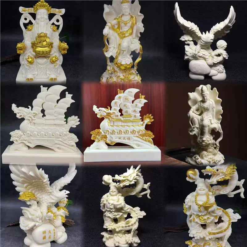 Позолоченная резная слоновая кость, гладкая парусность и великолепная выставка статуи Будды Гуаньинь, Майтреи и Бога богатства, настольные выставочные украшения