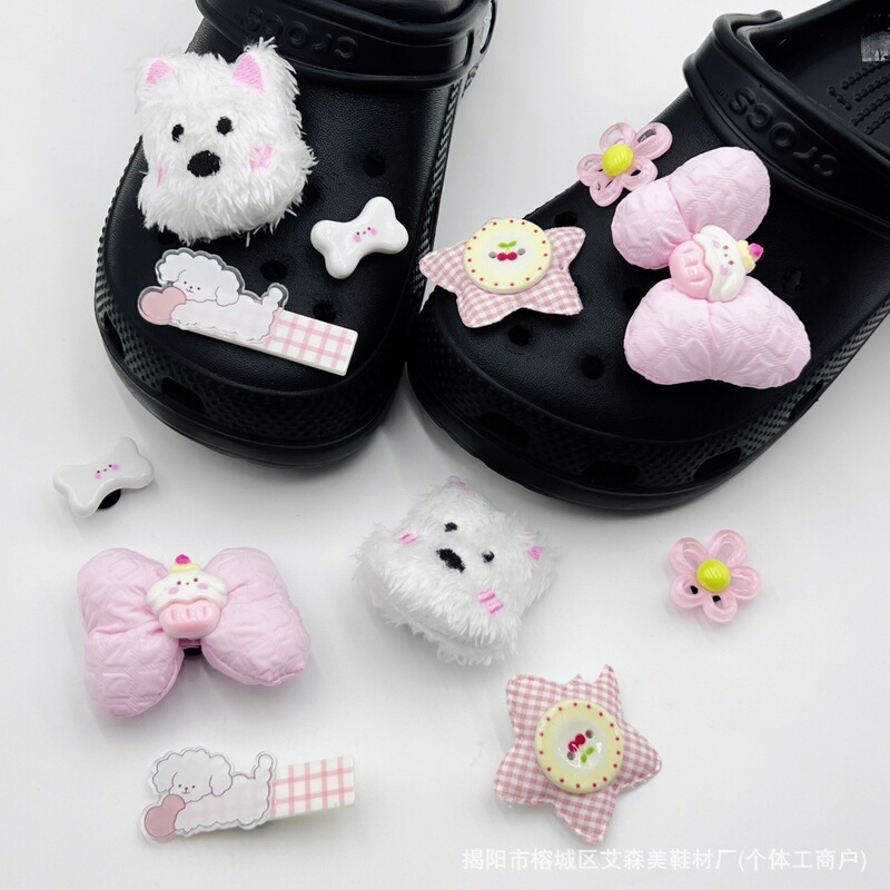 Croc Shoes Accessories Shoe Flowers Cute Cartoon Plush Pink West Highland Bow Autumn and Winter Girls DIY Decorative Buckle
