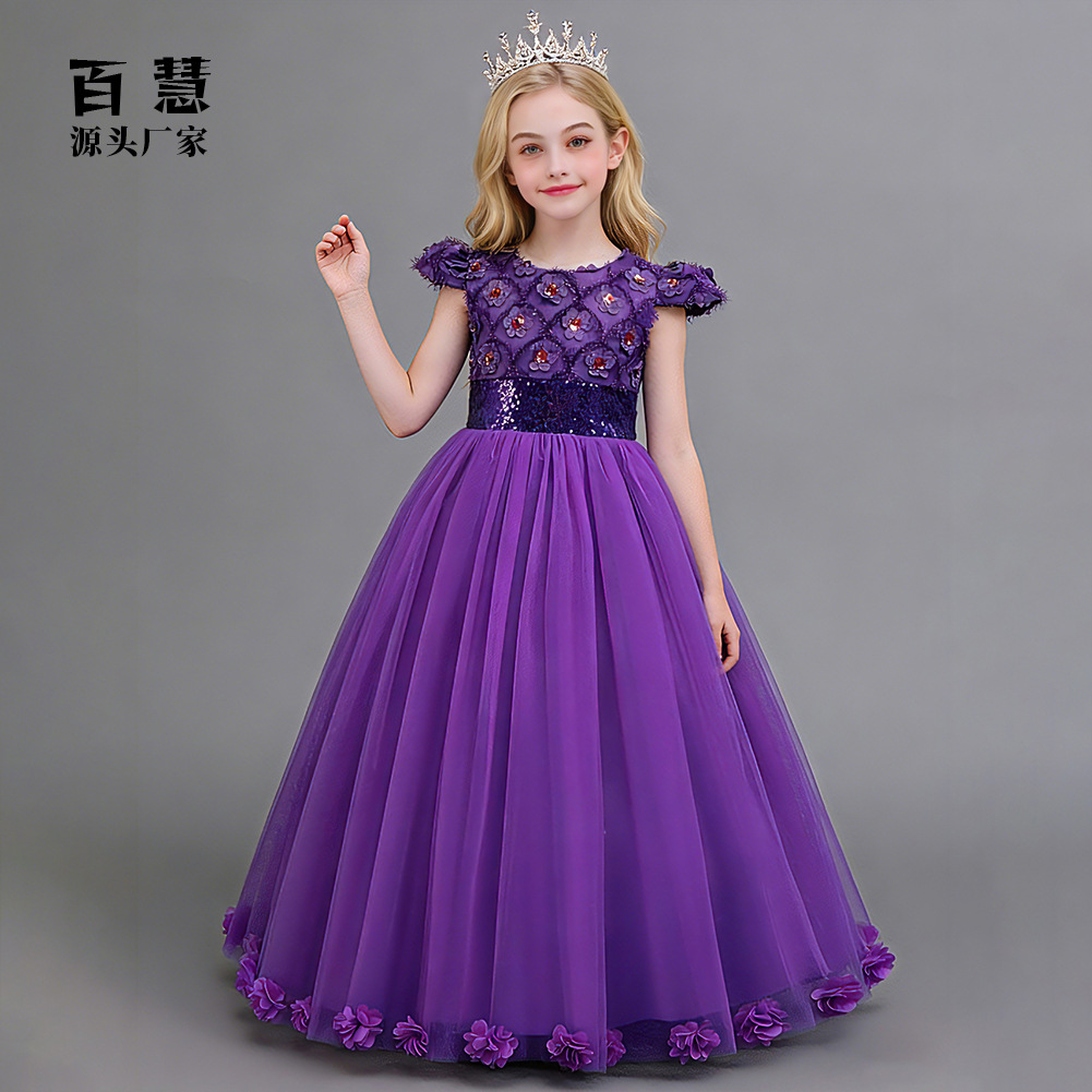 2025 nuevo vestido de niñas vestido de bebé pequeño volando manga de sequillas vestido de boda flores piano vestido de princesa largo