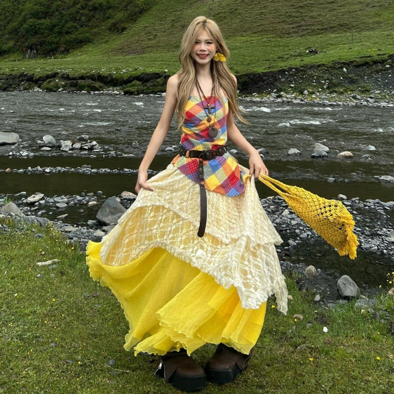 Xinjiang, Western Sichuan, Yunnan Travel Vacation Tube Top Strapless Dress Summer New Long Dress Set with Printed Patterns