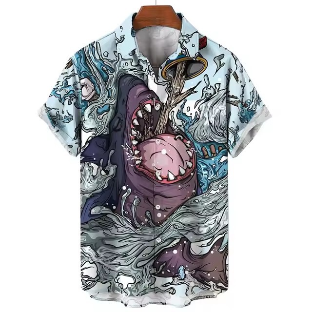 Cross Border Hot Sale New Men's Shirt 3d Digital Print Clothing Fashion Button Male Hawaiian Shark Shirt