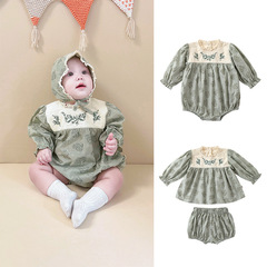 Baby clothes, autumn clothes, small floral long-sleeved harem clothes for babies and girls, baby lace lace collar, embroidered bag, rompers