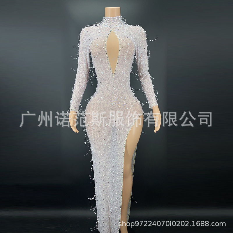 2024 Clothing Supplier Shiny Rhinestone Pearl Elegant Formal Prom Sexy Side High Slit White Evening Dress