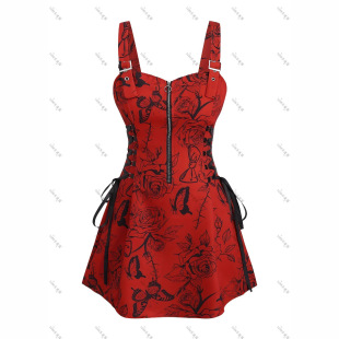 European and American Trendy Cross-Border Export Plus Size Women's Dress Slimming Slim Shoulder Straps Zipper Full Print Skull Pattern