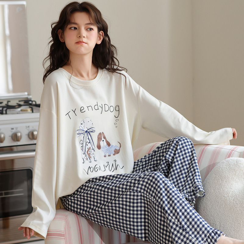 100% Cotton Long-Sleeved Pants Sweet Cartoon Loose Girl Pajamas Women's High-End New Home Wear Two-Piece Suit