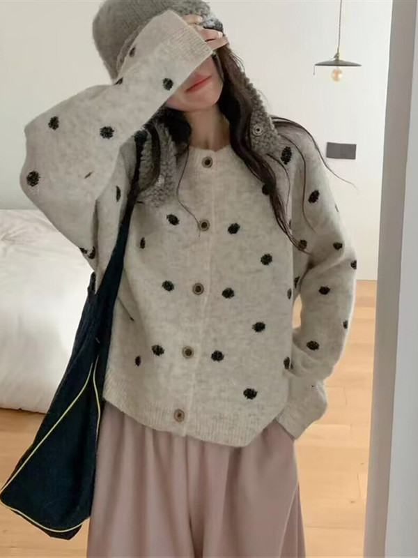 波点针织开衫毛衣女2025新款秋冬宽松休闲慵懒风针织衫外套女上衣|undefined