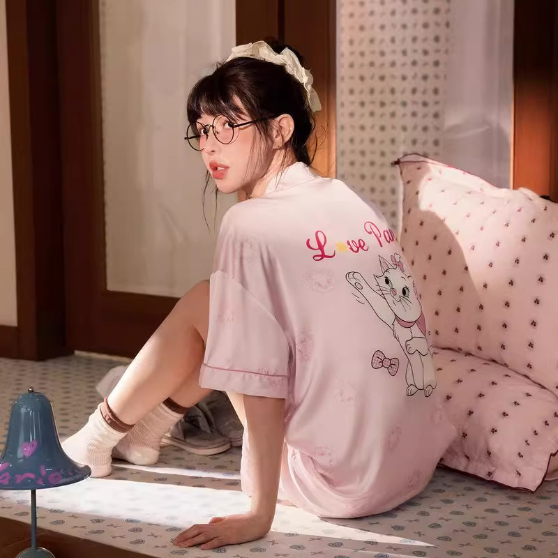 Women's Ice Silk Short Sleeve Shorts Summer Two-Piece Cartoon Cat Lapel Cardigan Can Be Weared Outside Thin Home Clothes