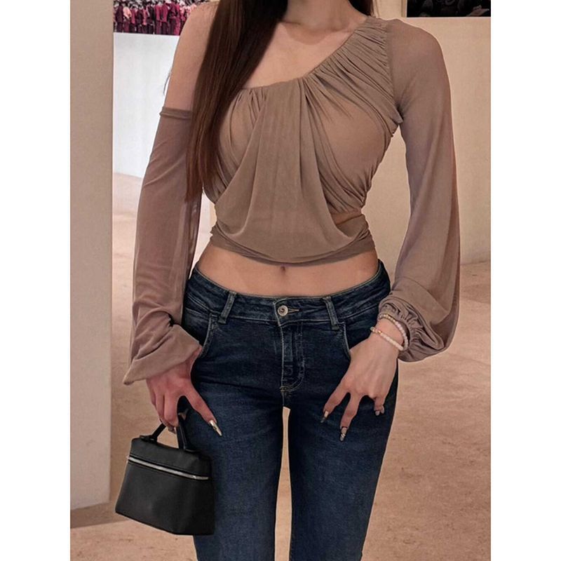 Korean-Style Fashionable Off-Shoulder Khaki Long-Sleeve T-Shirt for Women, New Spring Slim-Fit Niche Inner Wear Top Korean-Style Fashionable Off-Shoulder Khaki Long-Sleeve T-Shirt for Women, New Spring Slim-Fit Niche Inner Wear Top