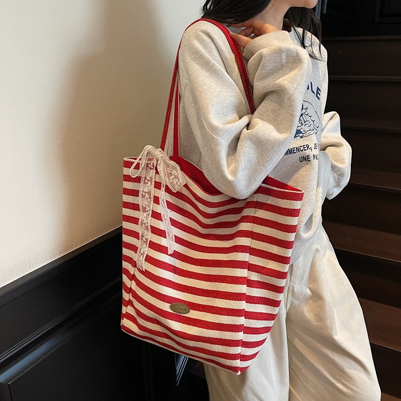 Nueva bolsa de hombro a doble rayas, bolsa de gran capacidad, bolsa de lona casual simple, bolsa de compras universal