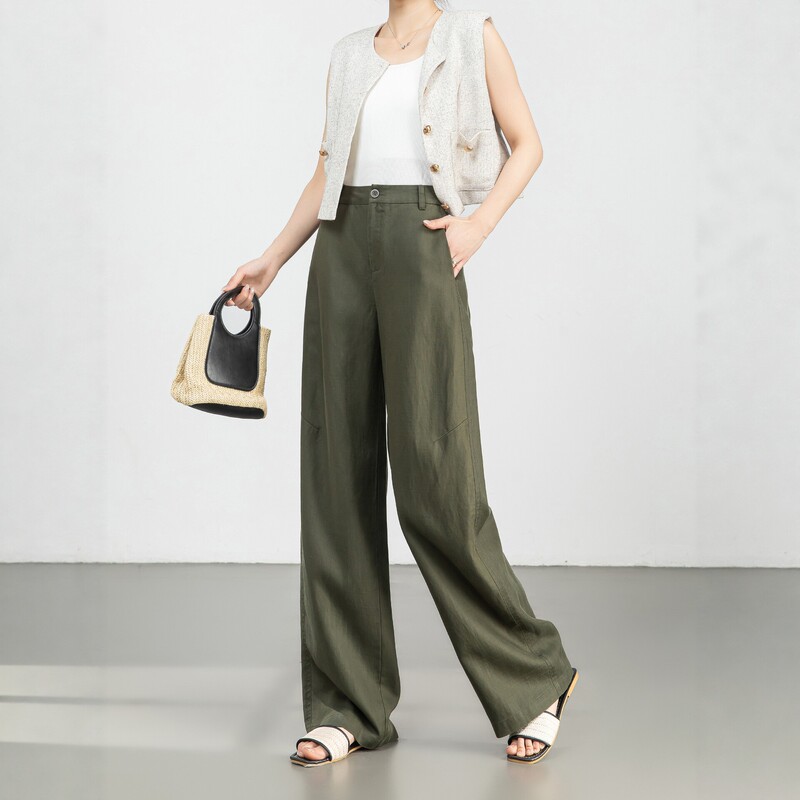 Dark Green Tencel Linen Wide-Leg Pants for Women, Summer Thin Style, High-Waisted Pants for Tall Women in Zhengzhou