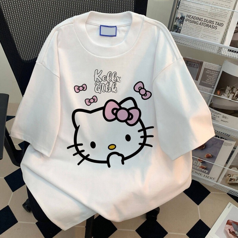 Hot Girl Round Neck Low-Waist Short-Sleeved T-Shirt for Women Taiwan Asia Hello Kitty Cartoon Creative Cute Girly Feeling Kt Cat