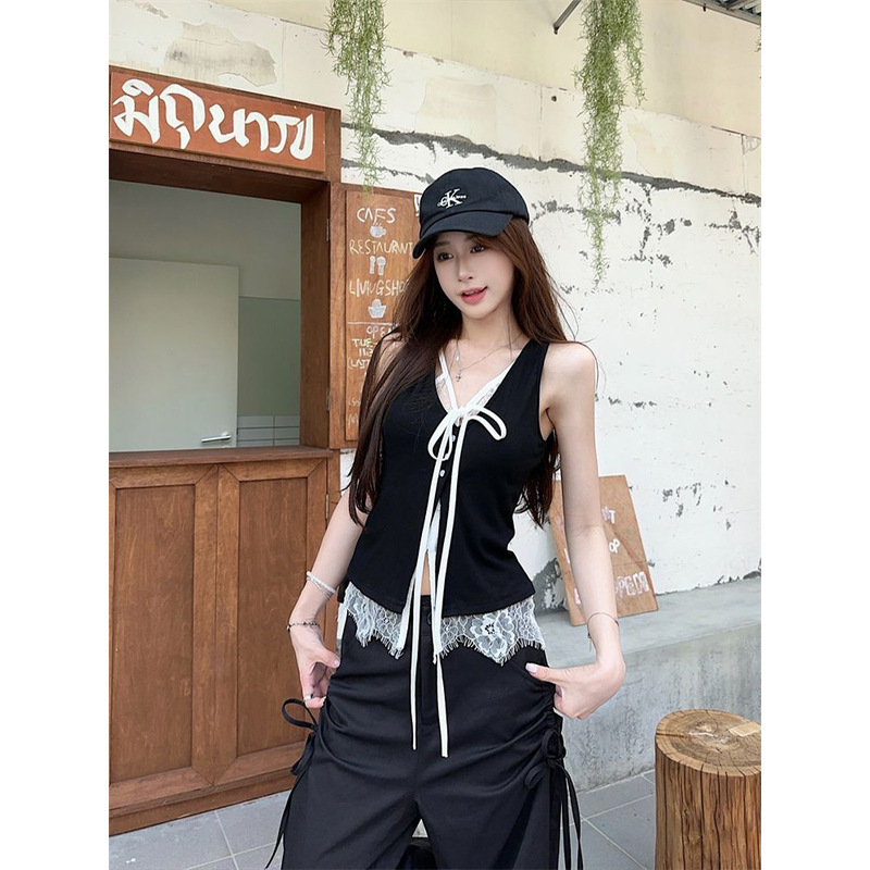 Red Celebrity Camisole Women's 2025 New Summer Outer Wear Black Sexy Wear Lace Fake Two-Piece Sleeveless Top