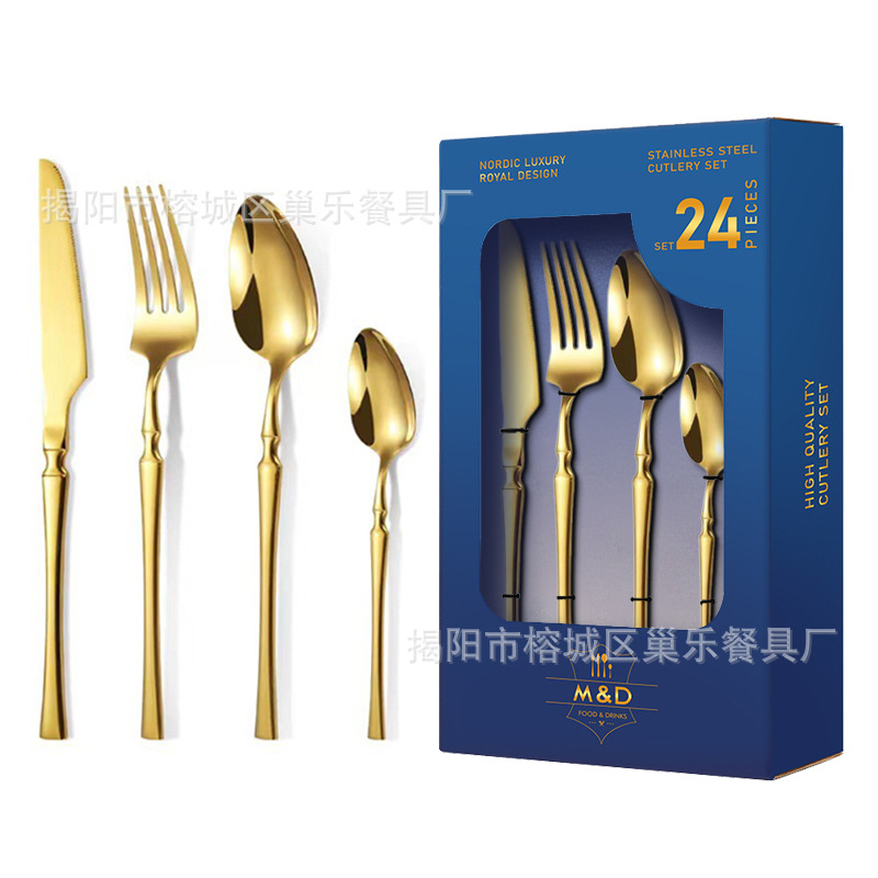 Acero inoxidable cubiertos de comida occidental 24 piezas hotel regalo de negocios de alta calidad puede personalizar logotipo cuchillo de filete tenedor conjunto de cucharas