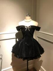 法式名媛千金设计感蝴蝶结一字肩连衣裙夏季新款时尚生日礼服裙女