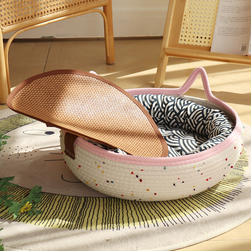 컬러풀한 폼폼 - 핑크 + 블루 코튼 패드 + 블루 베개 + 매트