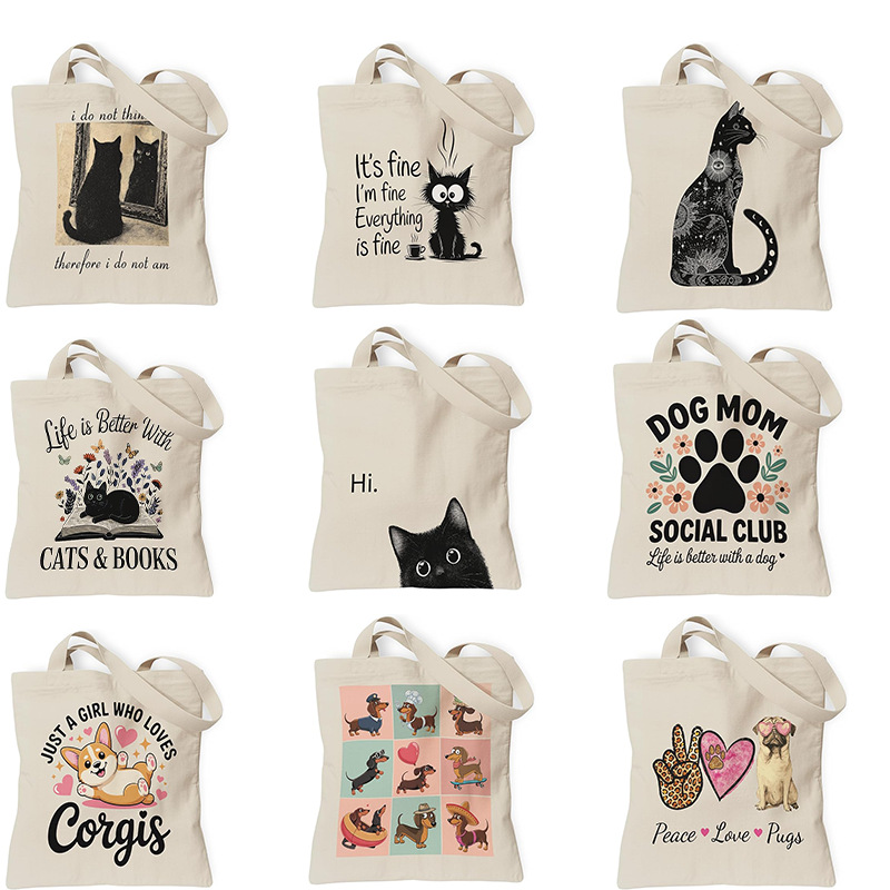 Wholesale Canvas Handbag Reusable Shoulder Bag Animal Cat Leisure Shopping Bag Can Be Printed with Pictures