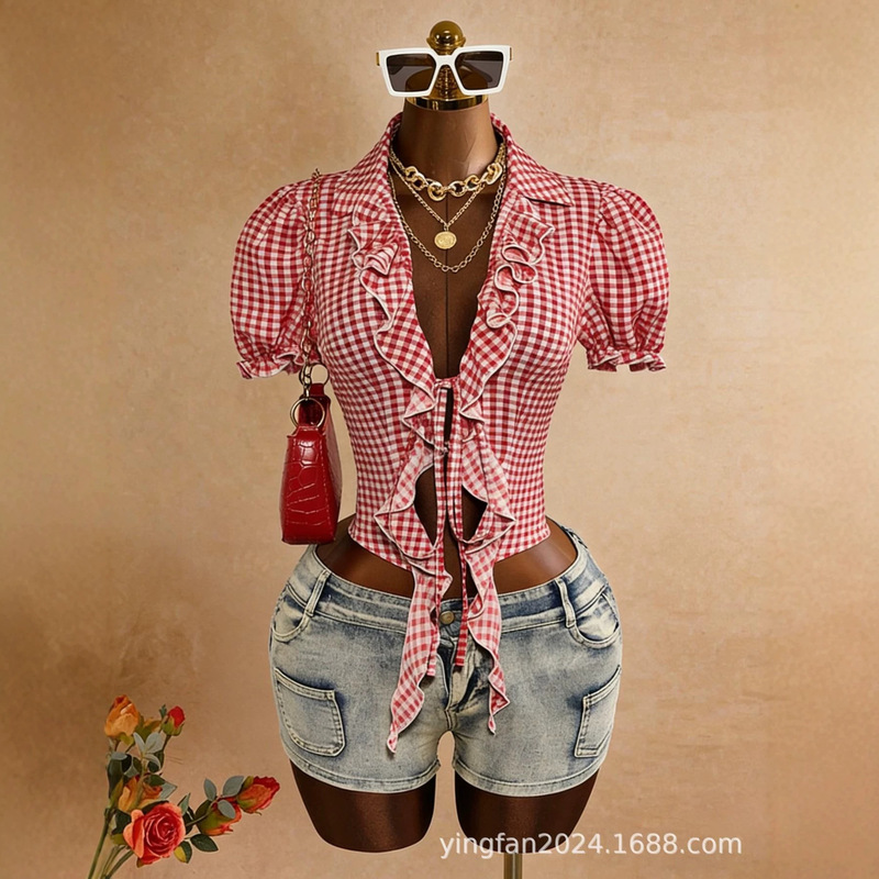 Ruffled tie-red plaid short-sleeve shirt for women, 2026 summer short-style shirt top, red plaid short style