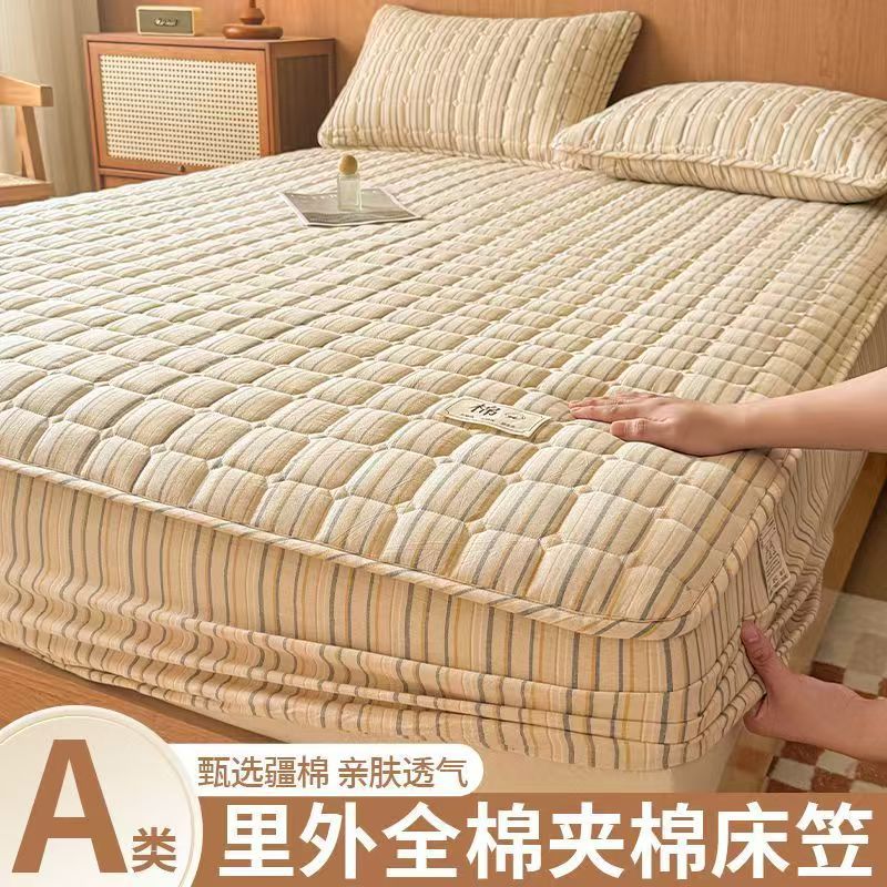 100% Cotton Quilted Fitted Sheet Cover Thickeneded Mattress Protector Pure Cotton Bed Bed Sheets Cover Bed Cover Universal for All Seasons Category a