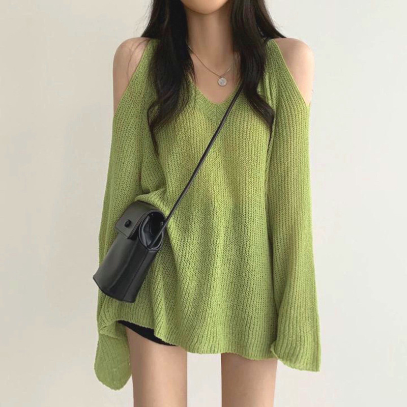 2026 New Korean Chic Loose Lazy Style V-Neck Off-Shoulder Versatile Casual Sun-Protective Knit Top for Women