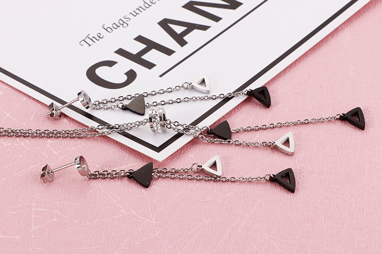 Korean geometric triangle long tassel necklace earrings ladies stainless steel jewelry set wholesale